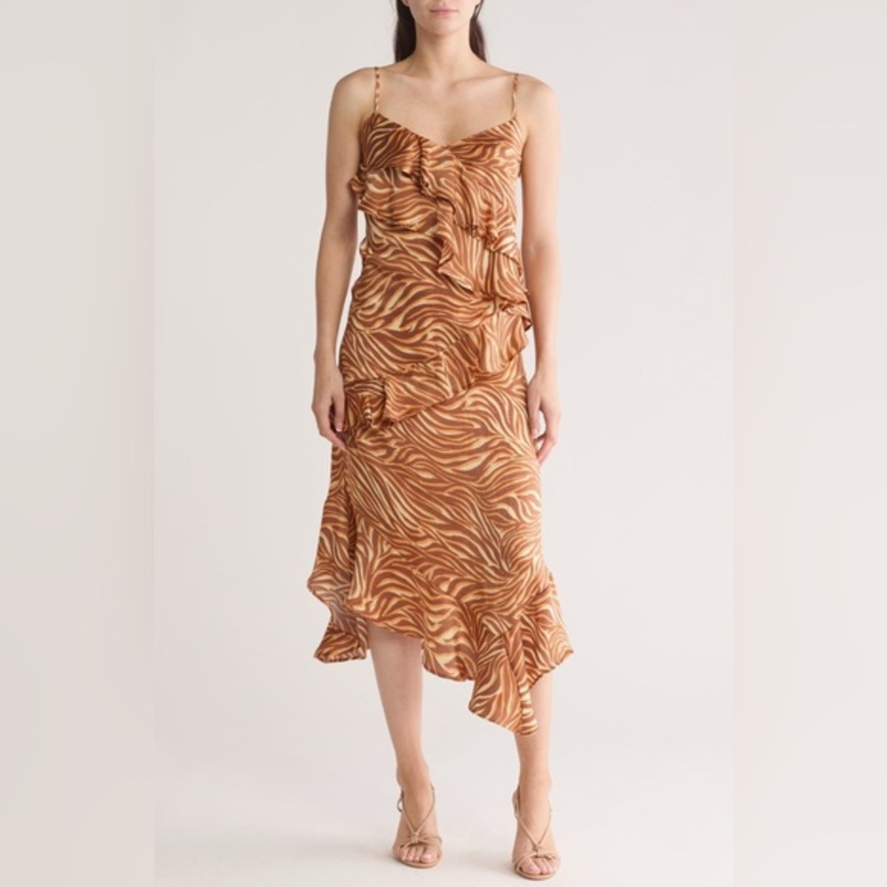 Steve Madden Caramel Zebra Print Christina Ruffle‎ Midi Dress